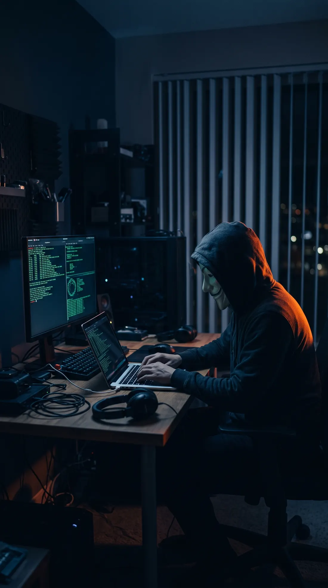 A masked figure behind a laptop in a dark room